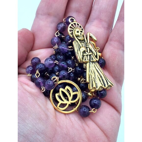Handmade Amethyst Santa Muerte Rosary - Holy Death Amulet - Natural Stone Beads - Picture 3 of 10